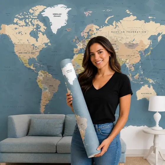 Papel de Parede Lavável Vinil Autocolante Mapa Mundi para Sala