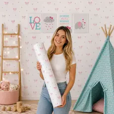 Papel de Parede Lavável Vinil Autocolante Lacinhos Rosa e para Quarto Menina