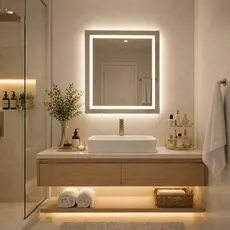 Espelho Quadrado com LED Jateado e Botão Touch 3 Cores para Banheiro Lavabo Penteadeira Decorativo