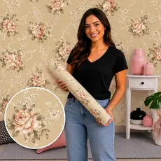 Papel de Parede Lavável Vinil Autocolante Floral Envelhecido Bege para Sala