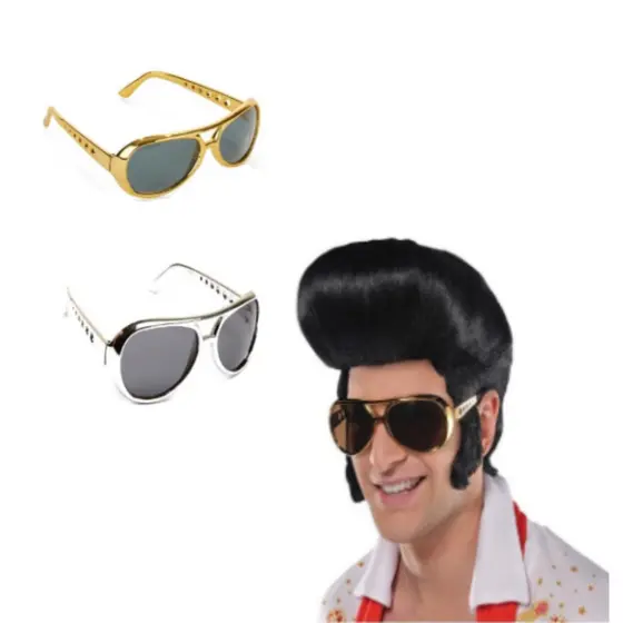 Óculos Do Elvis Presley Retro Fantasia Festa Anos 60 e 70 Dourado ou Prata Traje Retrô Baile Masculino Oculos Sol Escuro Lente Prata MT