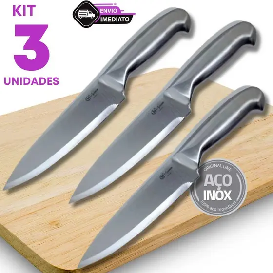 Jogo 3 Faca Peixeira 7" Açougue Corte Preciso Casa Churrasco Restaurante Cozinha Avícola Inox 29cm