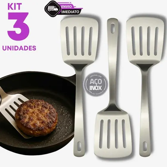 Jogo 3 Espátula Vazada Inox 25,8cm Lanchonete Cozinha Churrasco Bar Hamburguer Fritura Casa Buffet