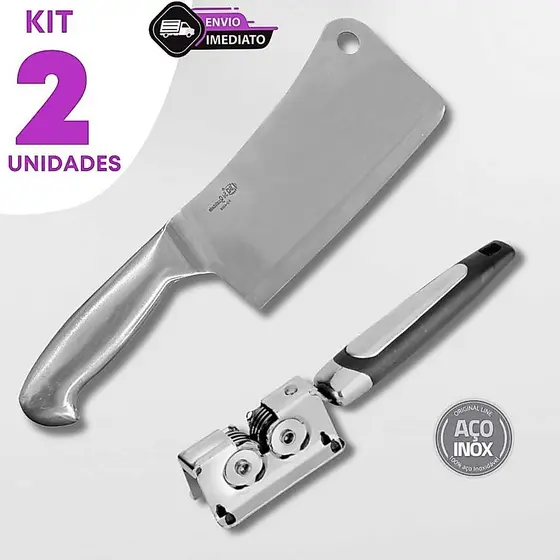 Jogo 2 Peças Cutelo Inox 27cm e Afiador Manual Cozinha Churrasco Cortes Pesados Profissional Casa