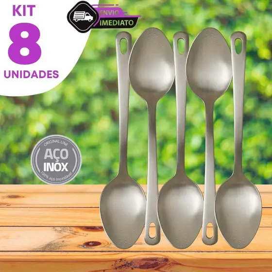 Jogo 8 Colher de Arroz Servir Arroz Molho Caldinho Purê Feijão Cozinha Restaurante Aço Inox 25,4cm