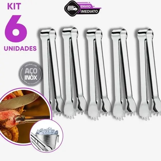 Jogo 6 Pegador de Carne Inox 12,5cm Gelo Doces Frios Pães Saladas Restaurante Buffet Bar Cozinha