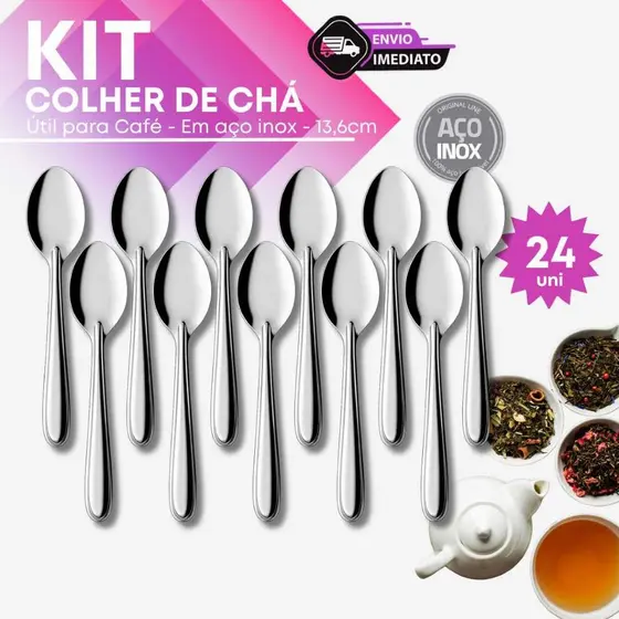 Colher de Chá para Cozinha Inox 24 Unidades Talher Café Açúcar Sobremesa Mesa Resistente Restaurante