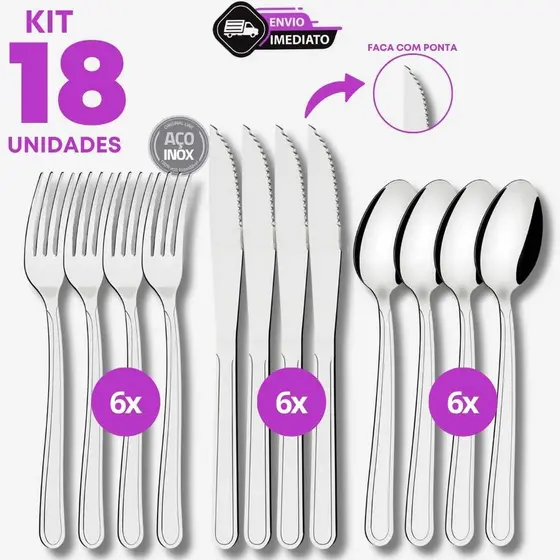 Jogo 18 Talheres Inox 6 Garfos 6 Facas 6 Colheres Para Casa Restaurante Hotel Cozinha Profissional