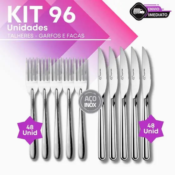Kit 96 Talheres Inox 48 Facas 48 Garfos Profissional Restaurante Buffet Refeição Dia a Dia Durável