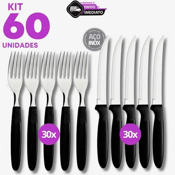 Jogo 60 Talheres Inox Cabo Preto 30 Garfos 30 Facas Serra Refeição Marmita Restaurante Cozinha
