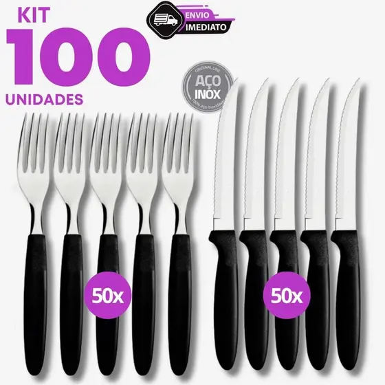 Jogo 100 Talheres Inox Cabo Preto 50 Garfos 50 Facas Serra Kit Grande Cozinha Refeição Restaurante