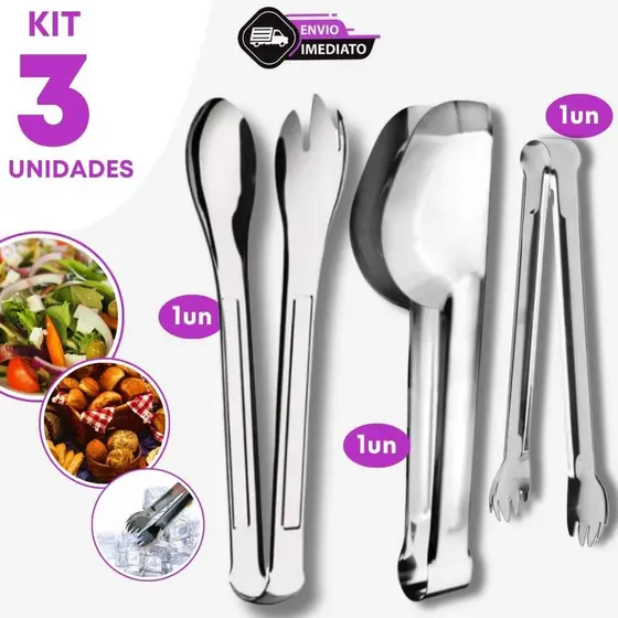 Kit 3 Pegador Inox Salada 20cm Universal 20cm Gelo 185cm Utensílio Cozinha Restaurante Buffet