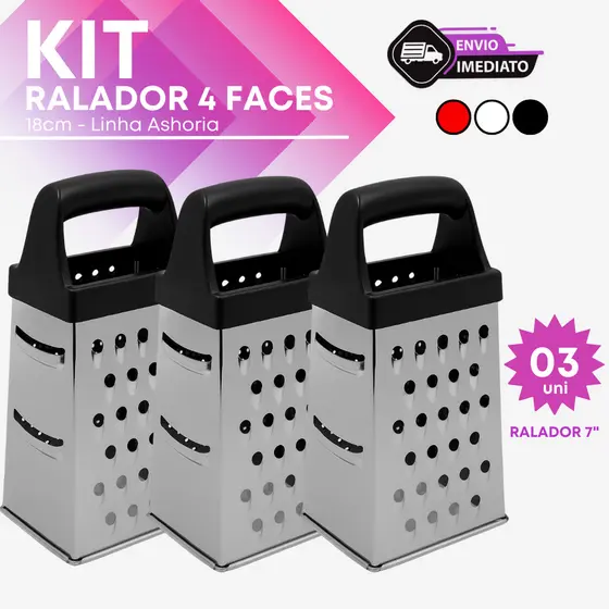 Kit 3 Ralador Inox 4 Faces 18cm Profissional Cozinha Restaurante Queijo Legumes Verduras Inox