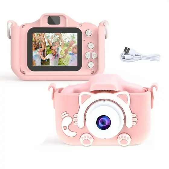 Câmera Digital e Filmadora Infantil Recarregável Gatinho Design Gatinho Fotos e Jogos