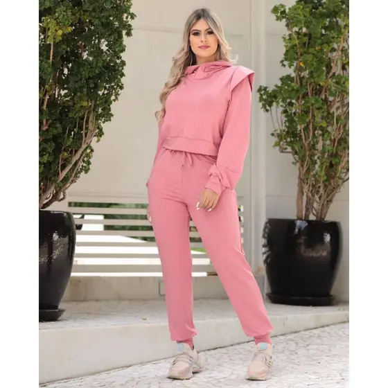 Conjunto Moletinho Calça e Blusa Feminino Elegante Rosa