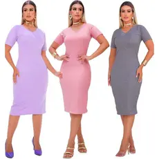 Kit 3 Vestidos Canelado Tubinho Moda Verão Social Atacado