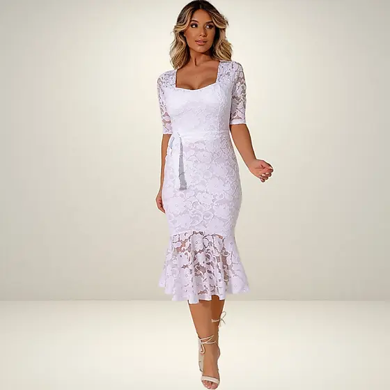 Vestido de Festa Midi Renda Premium Decote Bojo Babado Elegante Social Casamento