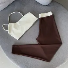 conjunto de CALÇA bicolor cross top nula manga zero transparência bojo removível CD