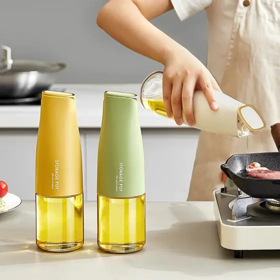 Galheteiro Vidro Redondo 500ml de Vinagre Azeite Óleo Para Cozinha Com Bocal De Óleo Silicone