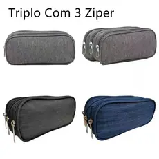 Estojo Escolar Triplo Grande Com 3 Ziperes Tres Compartimentos