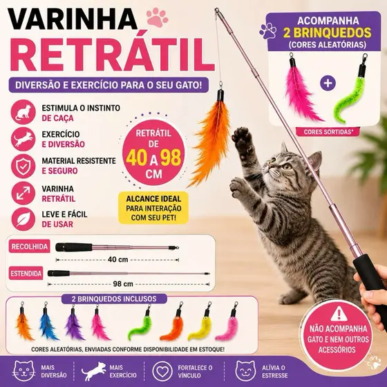 Varinha Interativa para Gatos Retrátil 98cm com Pena e Lagarta Brinquedo Pet lsg yh8170