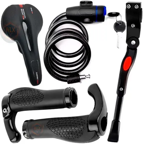 Kit de Bike 4 itens Selim Vazado Gel + Manopla Bar End + Cadeado + Pezinho para bike