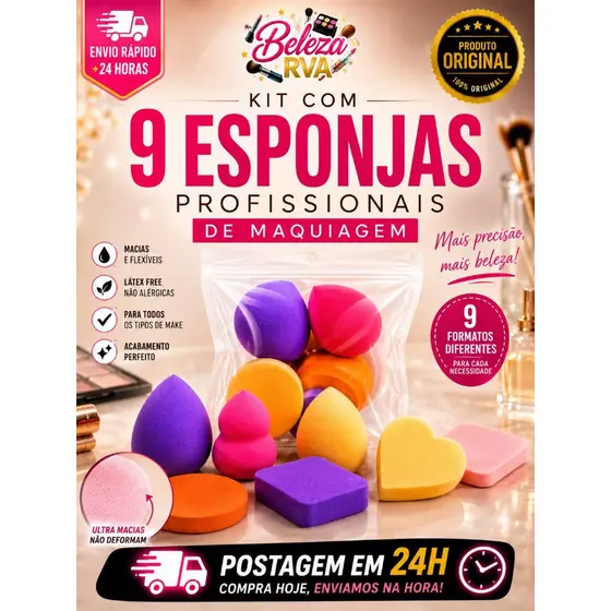 Kit Completo com 9 Esponjas de Maquiagem para Base, Corretivo e Pó