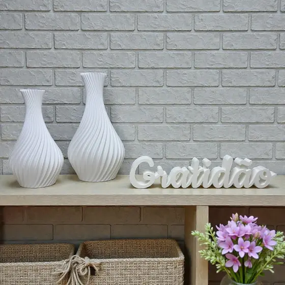 Kit 2 Vasos Decorativos Espiral + Letreiro Gratidão Enfeite de Plástico Sala rack, Casa e Escritório | Decoração Moderna