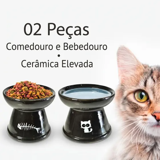 Kit 2 Comedouro Pratico Cerâmica Gatos Luxo Bebedouro Elevado Ergonômico Função Cães Pet Orgânico