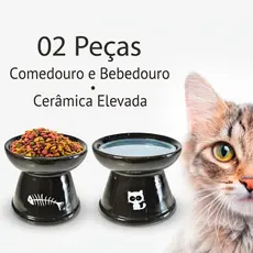 Kit 2 Comedouro Pratico Cerâmica Gatos Luxo Bebedouro Elevado Ergonômico Função Cães Pet Orgânico