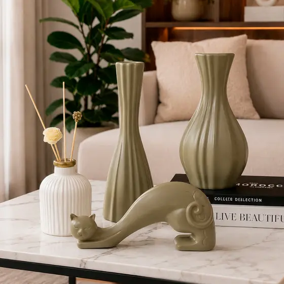 Kit 4 Peças Cerâmica Vasos Decoração Objeto Moderno Elegante Grande para Centro Mesa Aparador Quarto