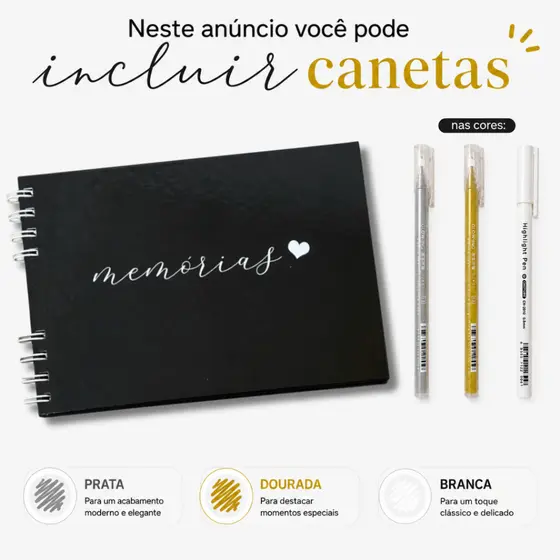 Caderno Scrapbook 15x21cm Preto Capa Dura Com Opção de Canetas de Gel | Álbum DIY Presente Criativo
