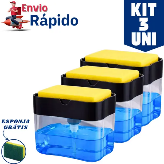 Kit 3, 2 ou 1 Porta Sabão Líquido | Dispense de Detergente e Esponja para Cozinha Nas Cores Branco e Preto 600ml