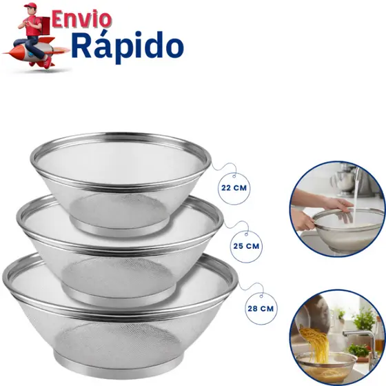 Cestas Inox Escorredor Multiuso 22, 25 e 28cm Para Lavar Alimentos Legumes Arroz Frutas Massas