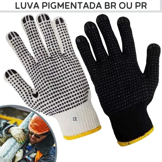 Luva Pigmentada de Malha Tricotada de Algodão Branca ou Preta Obras Construção Mecânica Jardinagem.