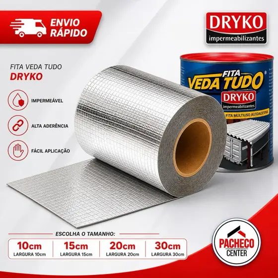 Fita Aluminio Vedação Vazamentos Veda Tudo Trincas Laje Telhado Telhas 10cm l 15cm l 20cm - Dryko