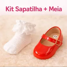 Kit Sapatilha Bebê + Meia Renda do 14 ao 19 - Estilo Boneca Verniz Leve Batizado Festa Daminha