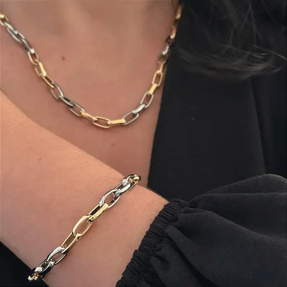 Conjunto Colar e Pulseira Corrente Elo Cartier Mix Banhos Dourado com Prata