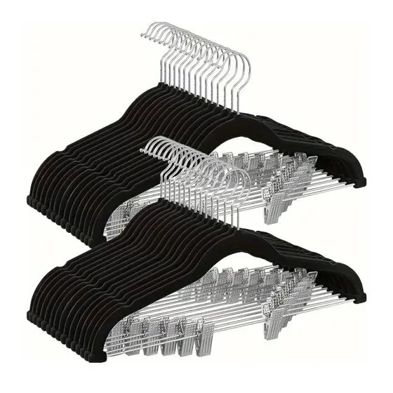 Kit Premium 20 Cabides de Veludo com Barra e Presilha Preto– Ultra Reforçado e Elegante