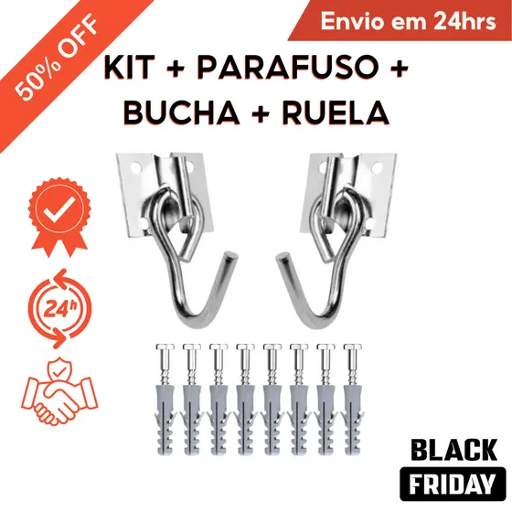 Kit Gancho Reforçado para Rede de Balanço e Descanso, Aço, Suporte 250kg, 8 Buchas e Parafusos