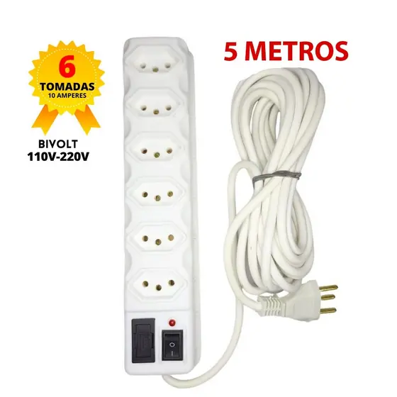 Filtro de Linha Branco 3, 4, 5 e 6 Tomadas Régua Elétrica 3 e 5 METROS