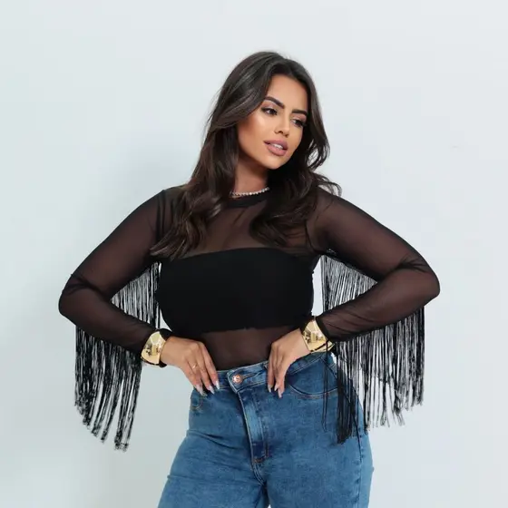 Body Feminino em Tule Liso Transparente com Franja Manga Longa Moda Balada Festa