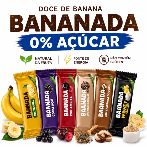 Bananinha 0% Açúcar Barrinha de Banana Natural com Açaí Ameixa Chia Linhaça Castanha Whey Snack Sem Glúten caixa 24 unid