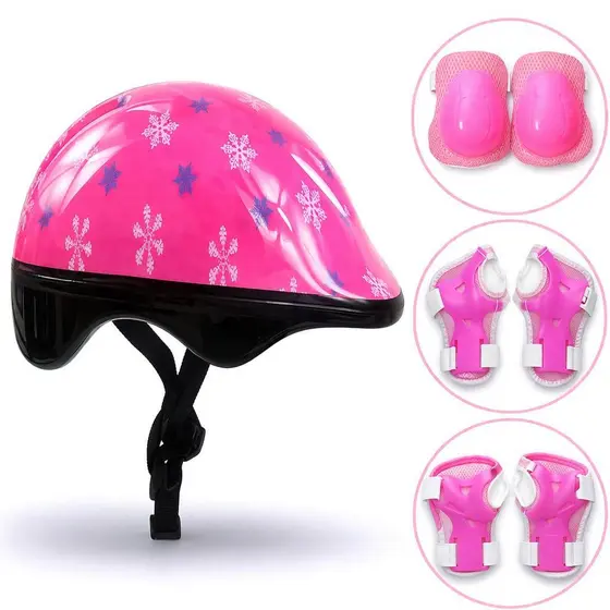 Kit Capacete Infantil Rosa 7 Peças Completo Bike Skate Patins Com Proteções