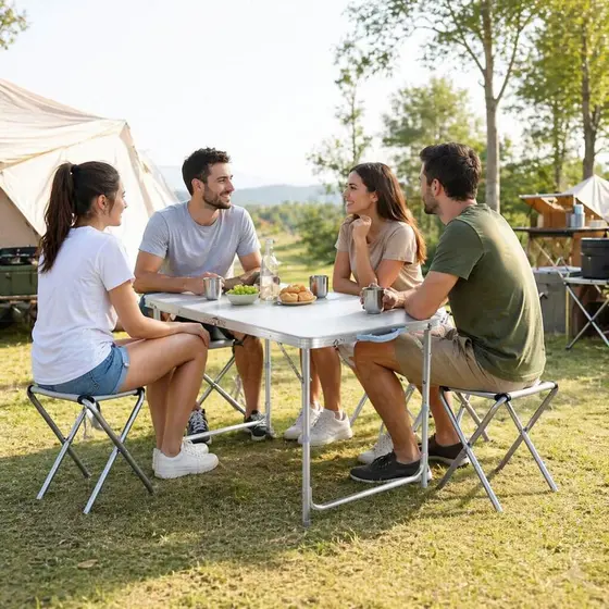 Mesa Maleta Dobrável 120x60 Com 4 Bancos Alumínio Camping Praia Altura Ajustável