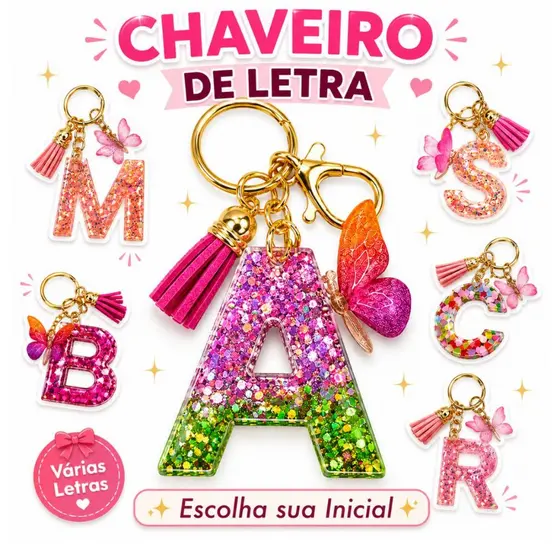 Kit Chaveiro De Resina Personalizado Lembrancinha Presente Dourado Bolsa Chave Com Letras A-Z