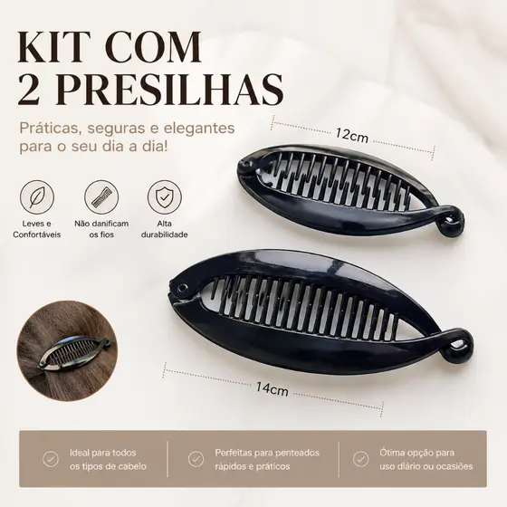 Kit 2 Grampos P+G Prendedor Presilha de Cabelo Banana Rabo de Cavalo Prendedor Peixe Piranha