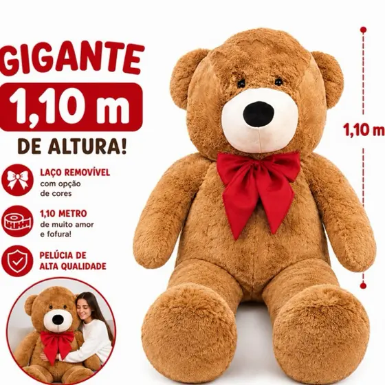 Urso de Pelúcia Gigante com coração 1,10m Super Macio e Fofo perfeito para presente,chá revelação,quarto de bebê