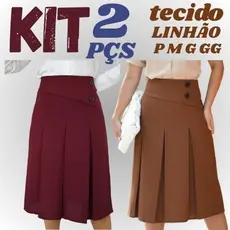 kit 2 Saias Midi Feminina 2 Botão Plissado Social Moda Evangélica