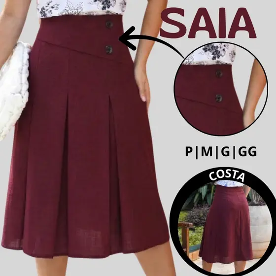 Saia Midi Feminina Plissada Do P ao G2 Linhão 2 botão Lateral Cintura Alta Moda Evangélica Elegante e Confortável.